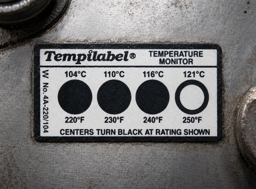 Tempilabel® irreversible colour change when temperature threshold is reached